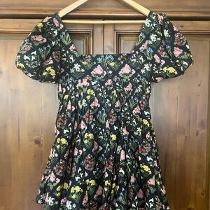 NWT Agua by Agua Bendita Caramelo Pleated Floral-Print Cotton-Poplin Mini Dress